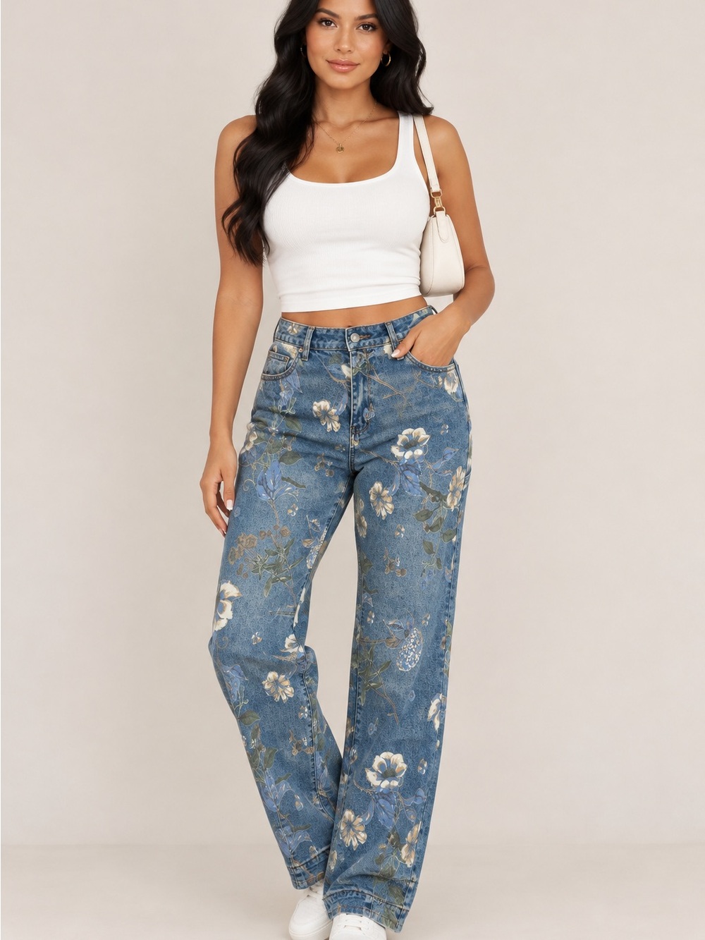 Floral Print Wide-Leg Denim Jeans - Blue